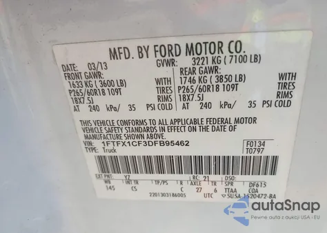 2013 Ford F-150 Stx z USA, uszkodzony, nr VIN 1FTFX1CF3DFB95462